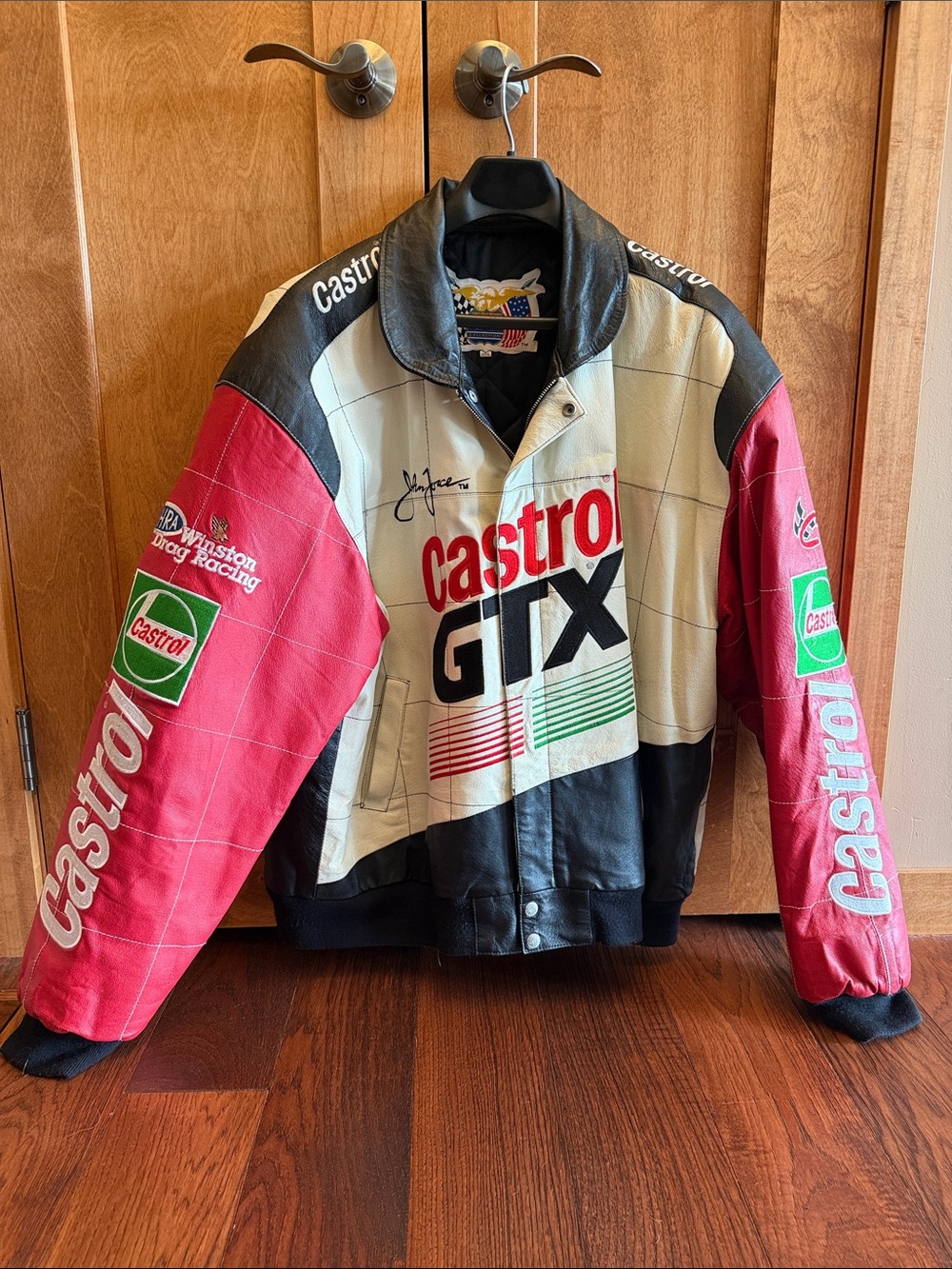 John Force NHRA Vintage Castrol GTX Men's Racing Leather Bomber Jacket
